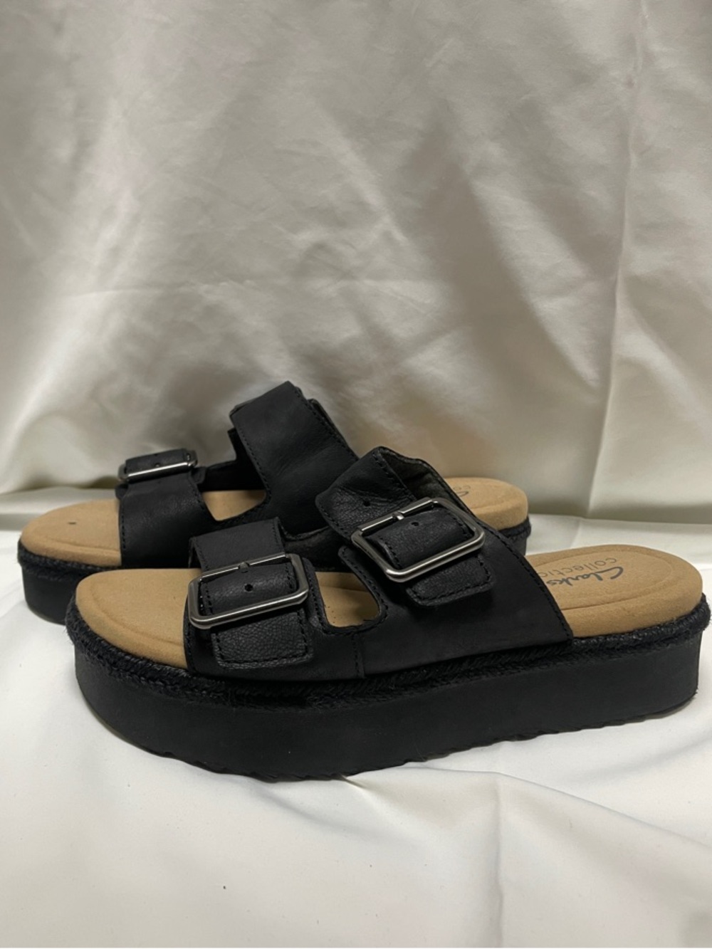 Clarks Black Double-Buckle Platform Slide Sandals